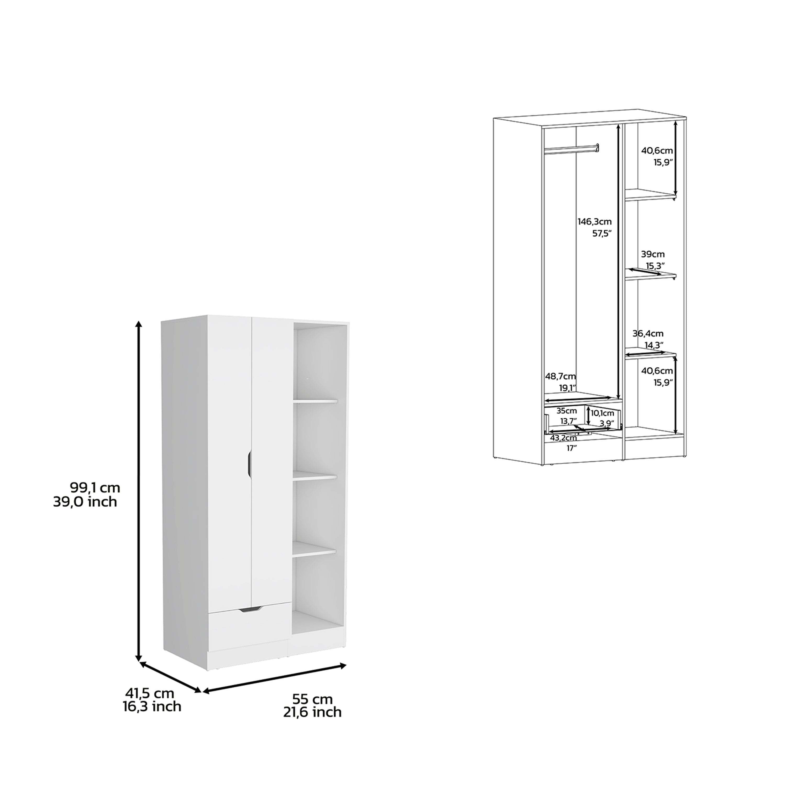 Modern Armoire with Shelves & Drawer - 71" White