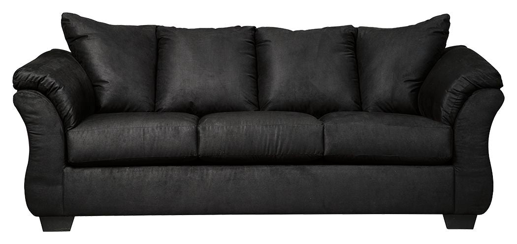 Black sofa with channel-stitched back, three seat cushions, and rolled arms