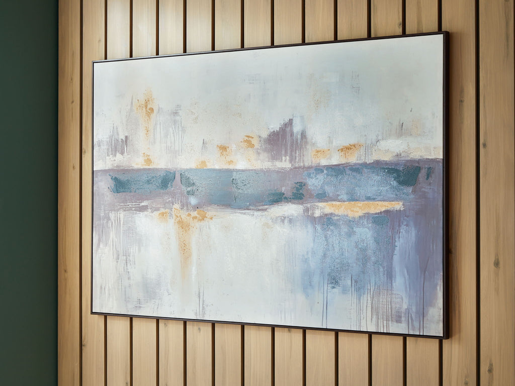 Framed abstract wall art in blue and white with tan accents and loose brush texture.