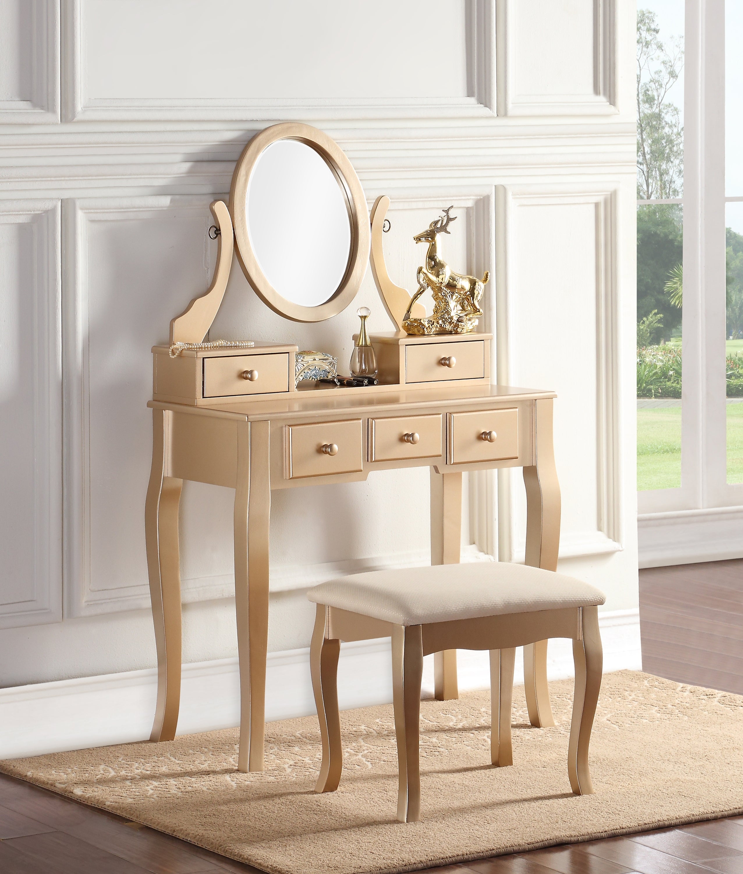 Ashley Wood Makeup Vanity Table & Stool Set - Gold