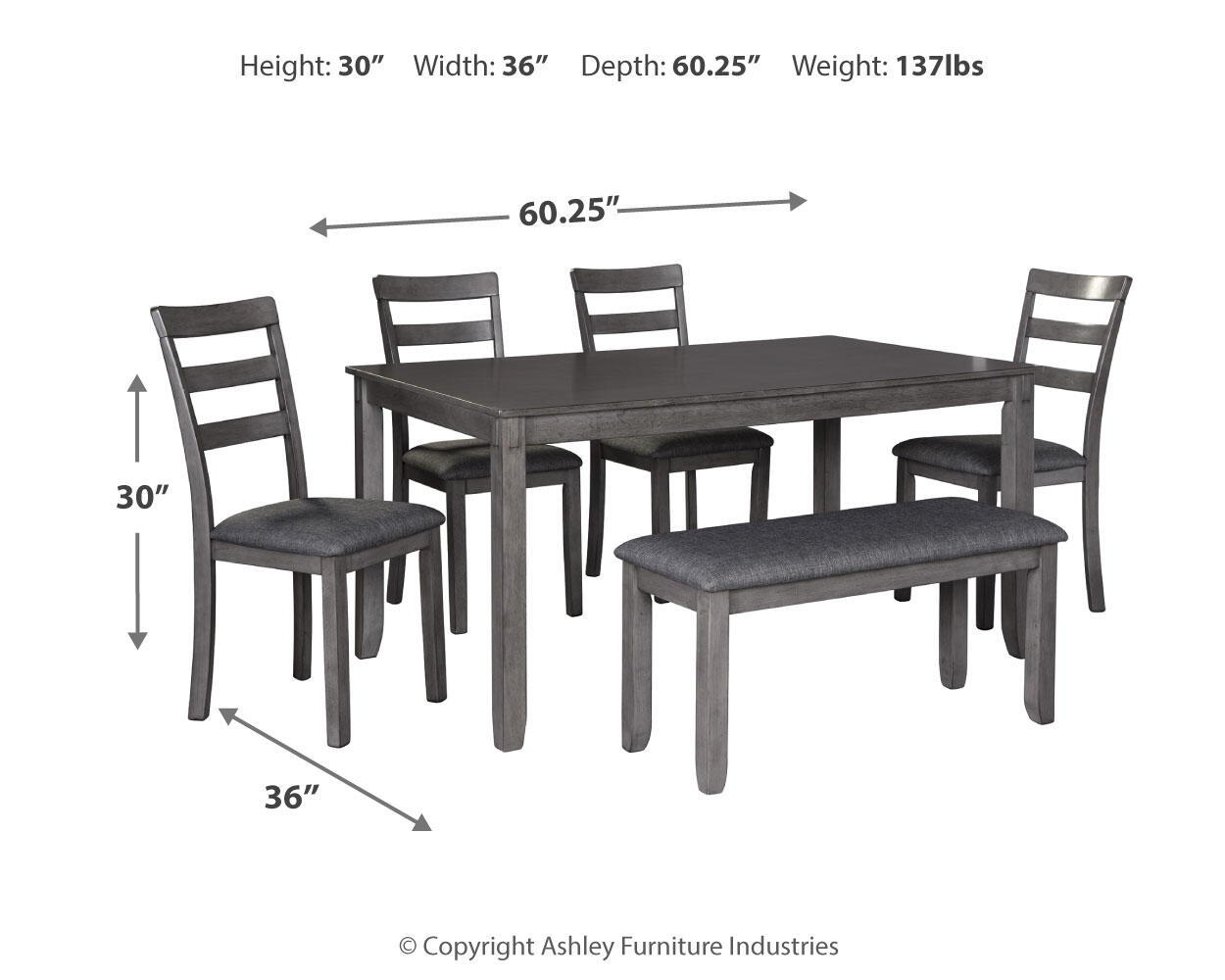 Gray dining table set with 4 ladder-back chairs and 2 upholstered benches