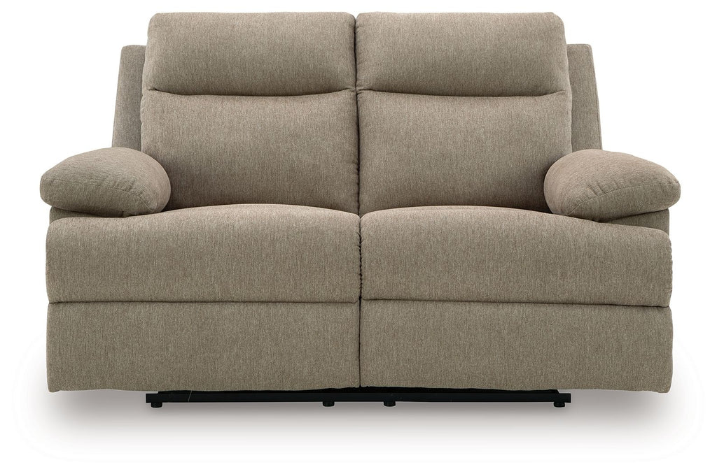 Beige reclining loveseat with two headrests, cushioned back, and center seam