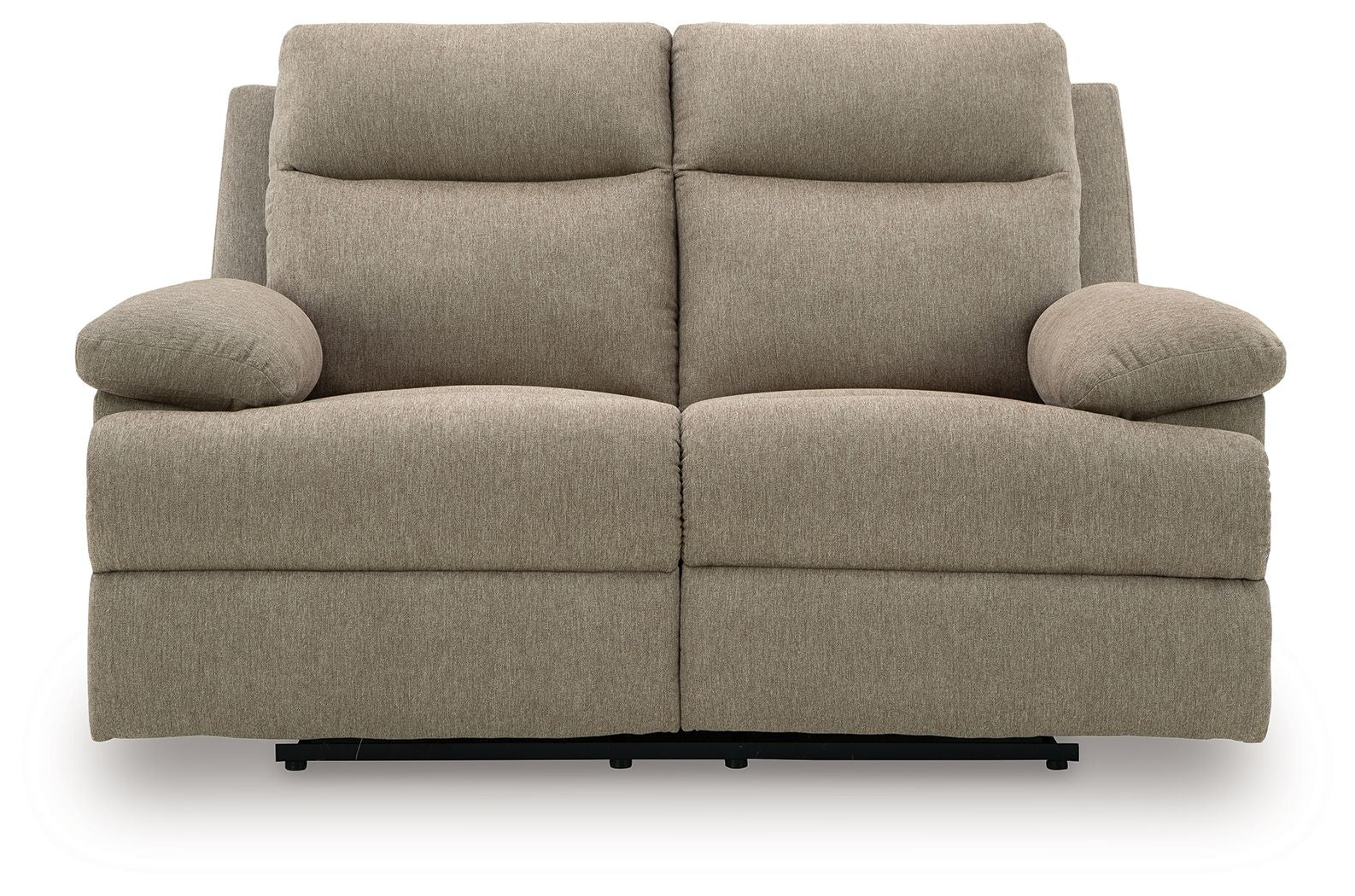 Beige reclining loveseat with two headrests, cushioned back, and center seam