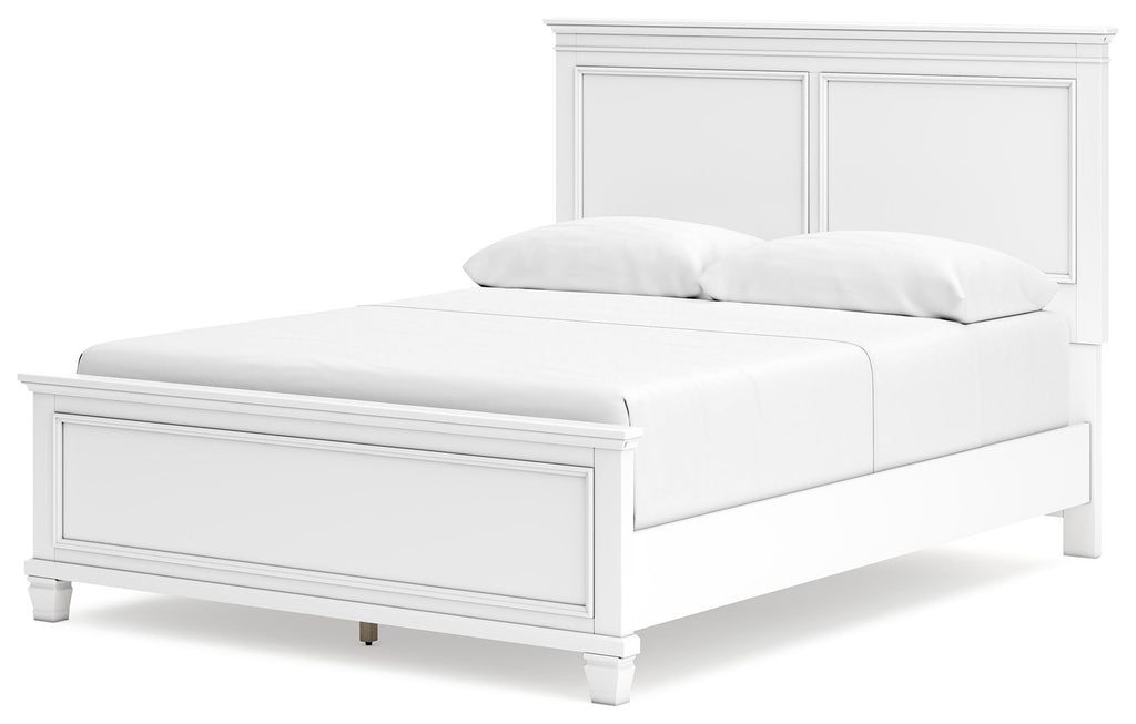 White panel bed with paneled headboard and side rail, shown from a front angle