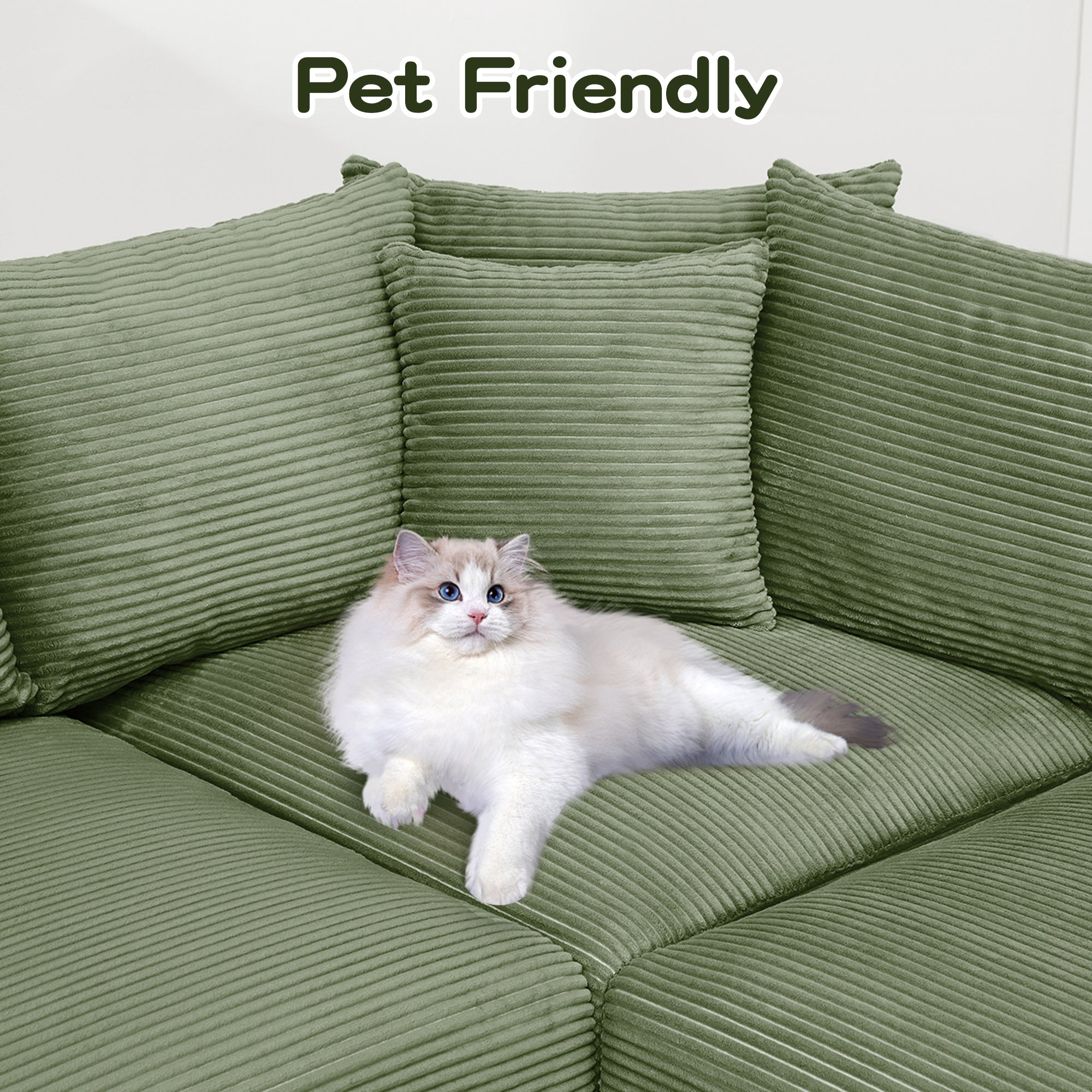 Green corduroy sectional with throw pillows and cat resting on seat cushion