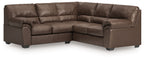 Sectional sofa with brown leather-look upholstery, tufted cushions, and rolled arms