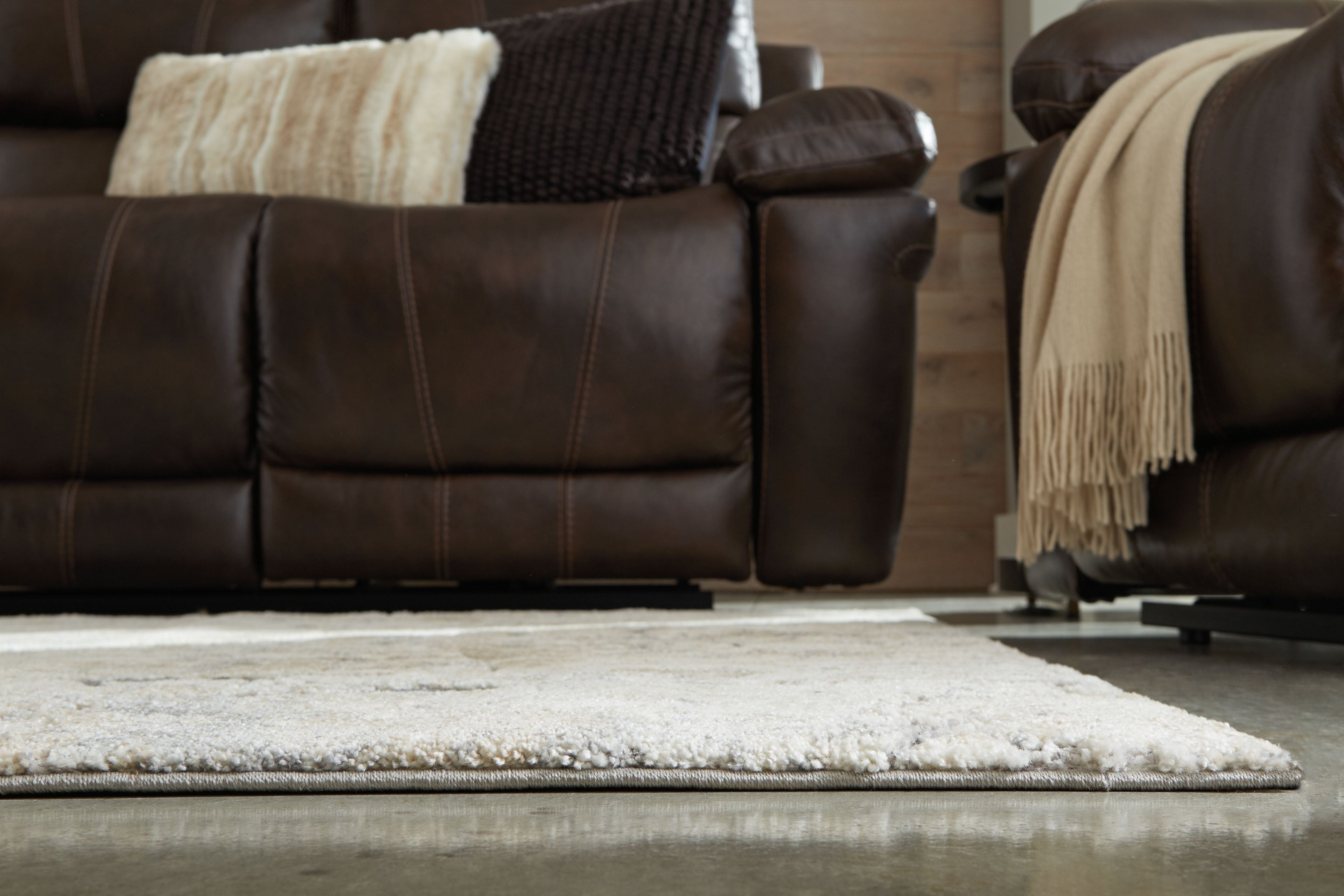 Wyscott rug, light gray abstract marble pattern, shown on living room floor