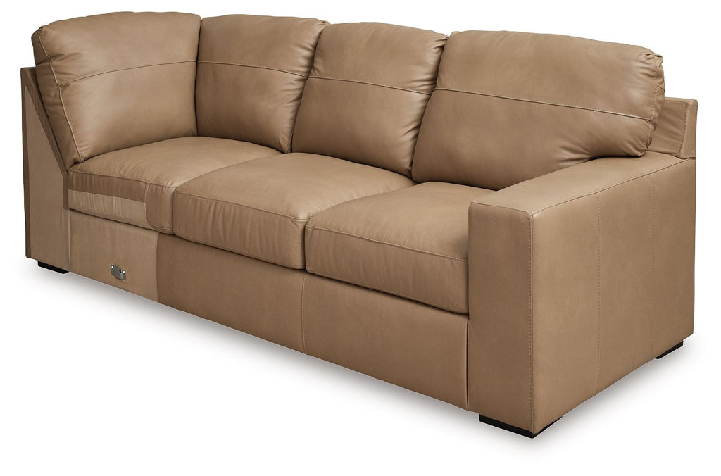 Toffee upholstered sofa with corner wedge and deep tufted cushions