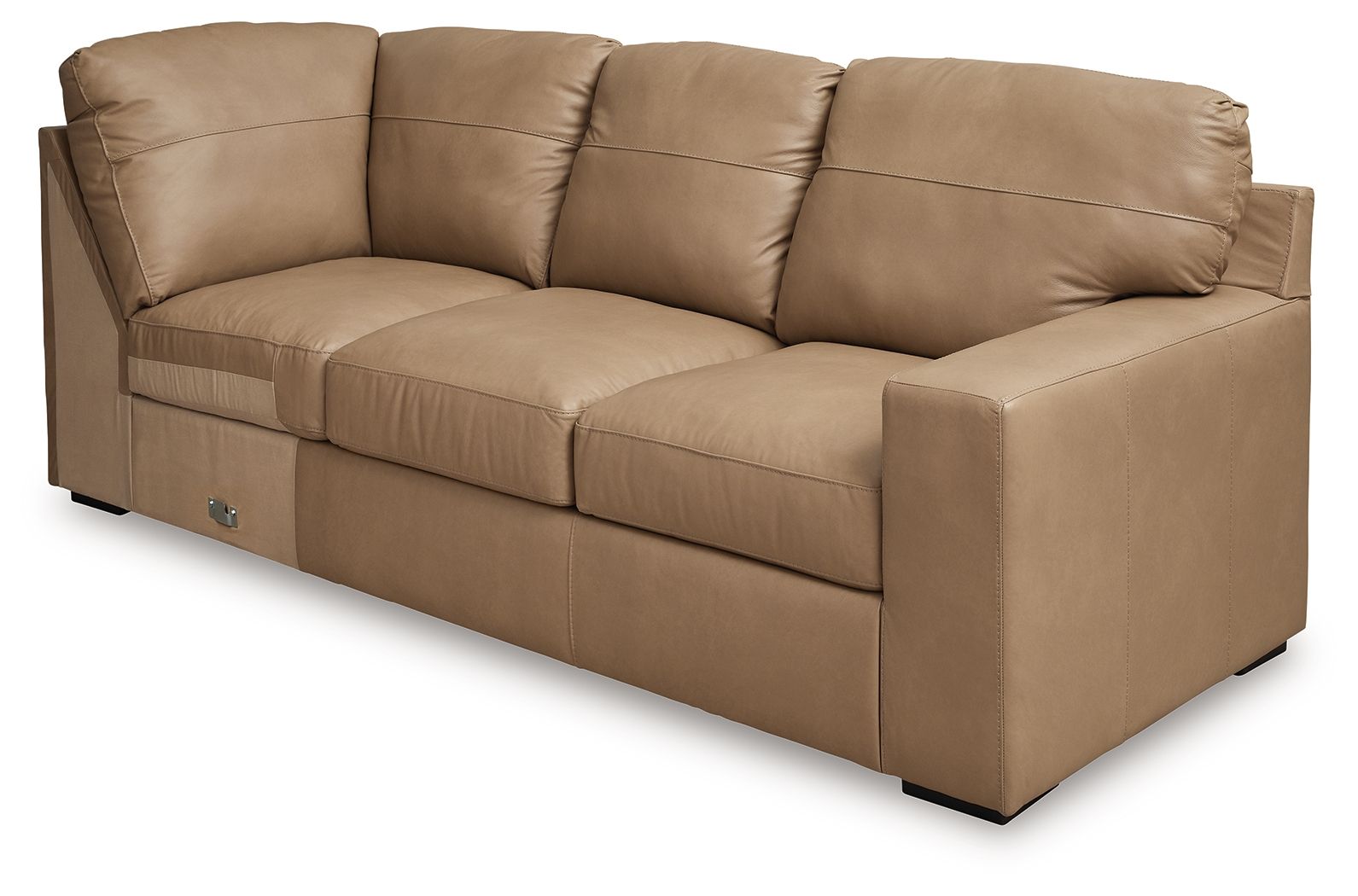 Toffee upholstered sofa with corner wedge and deep tufted cushions
