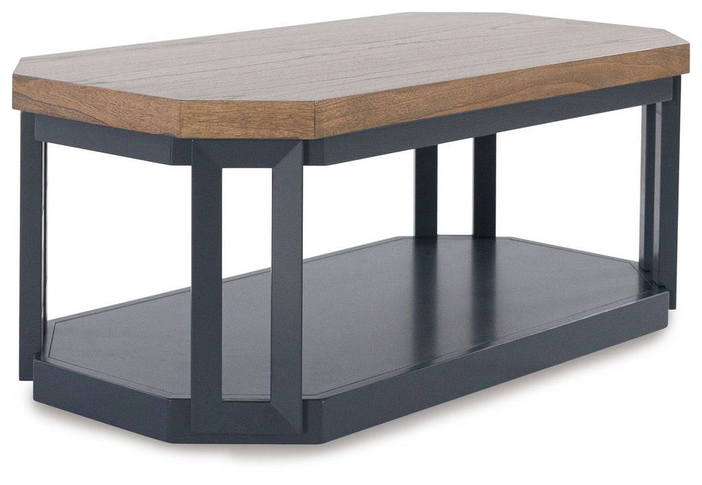 Landocken occasional coffee table with brown top, lower shelf, dark blue-gray frame