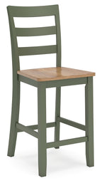 Sage green wooden barstool with slatted back and square wood seat.