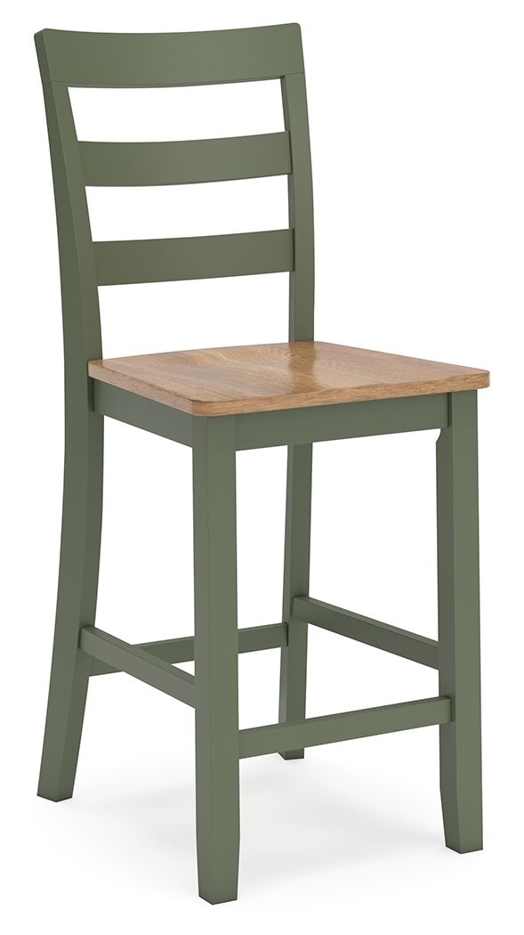 Sage green wooden barstool with slatted back and square wood seat.