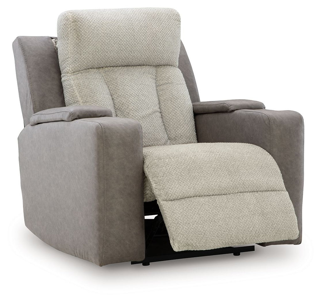 Fabric power recliner with adjustable headrest, beige backrest and seat, gray side panels.
