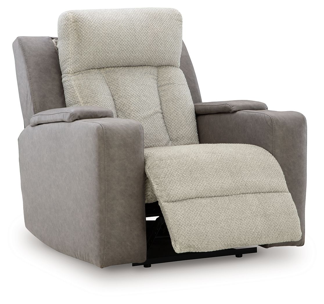 Fabric power recliner with adjustable headrest, beige backrest and seat, gray side panels.