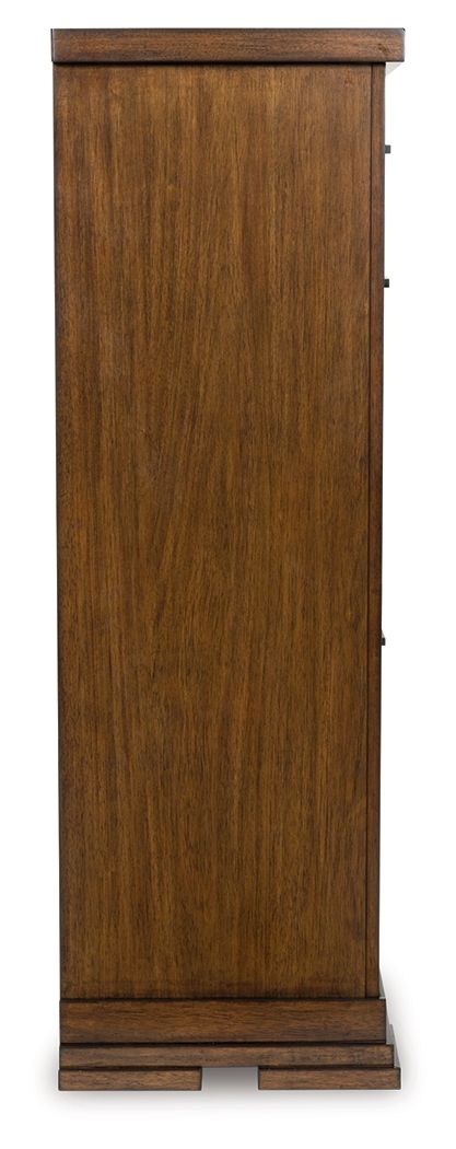 Medium brown five-drawer chest side view with vertical wood panel and base legs