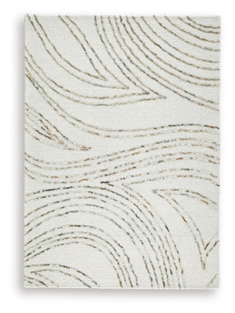 Deenbury rug close-up of off-white base with beige and gray curved lines