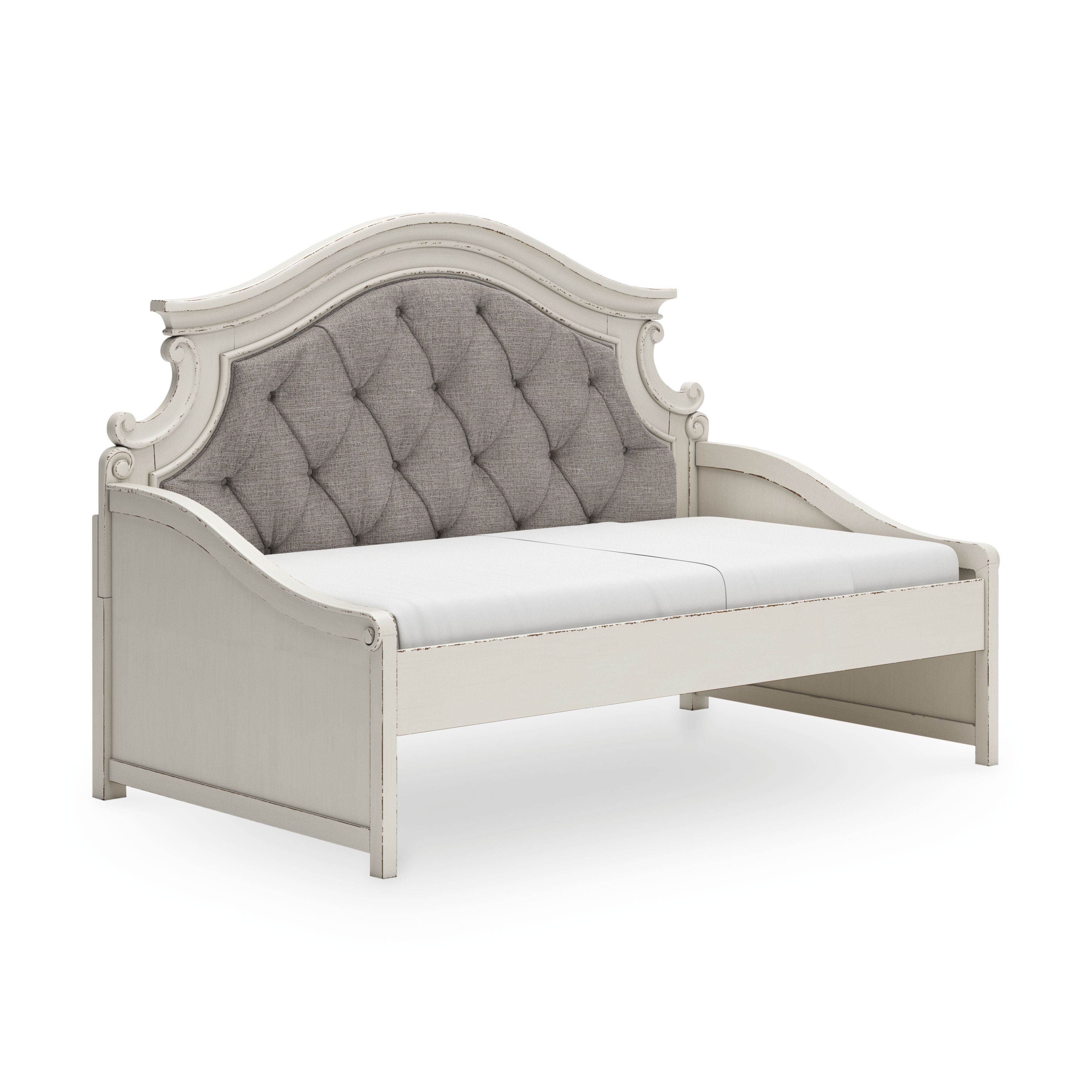 Chipped white twin day bed with tufted gray headboard and curved panel sides