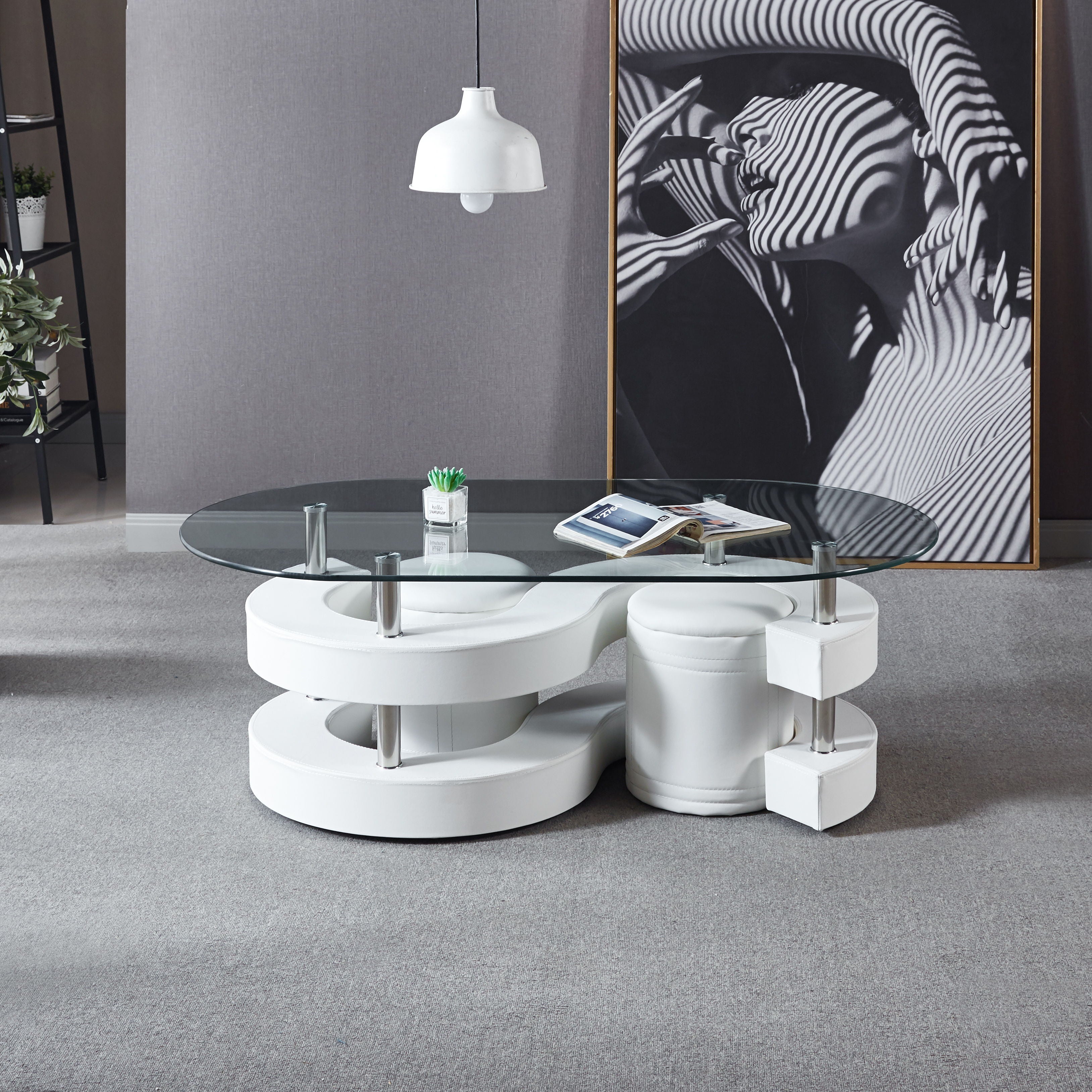 3 Pieces Coffee Table Set, Oval 10Mm / 0.39" Thick Tempered Glass Table And 2 Leather Stools - White
