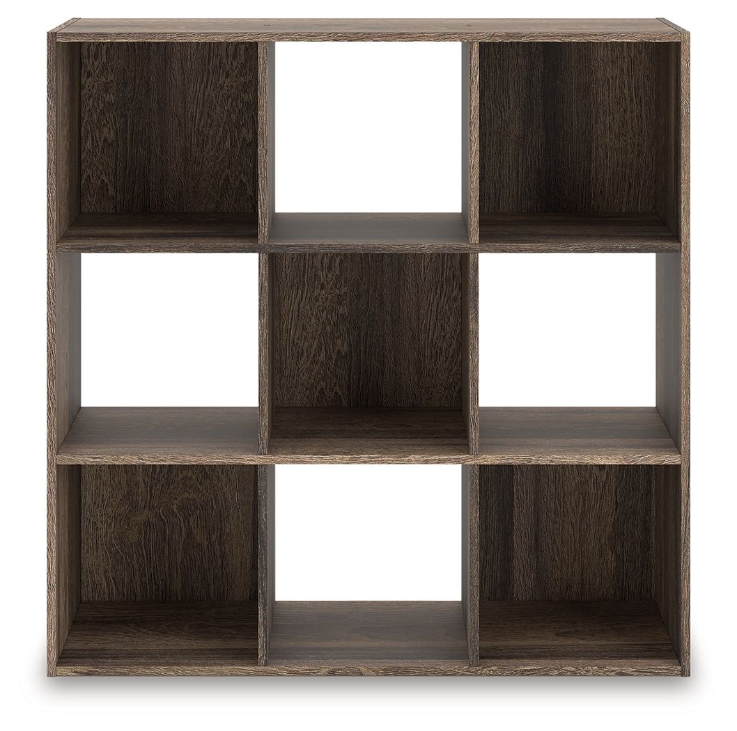 Dark brown cube organizer with open cubbies arranged in rows and columns