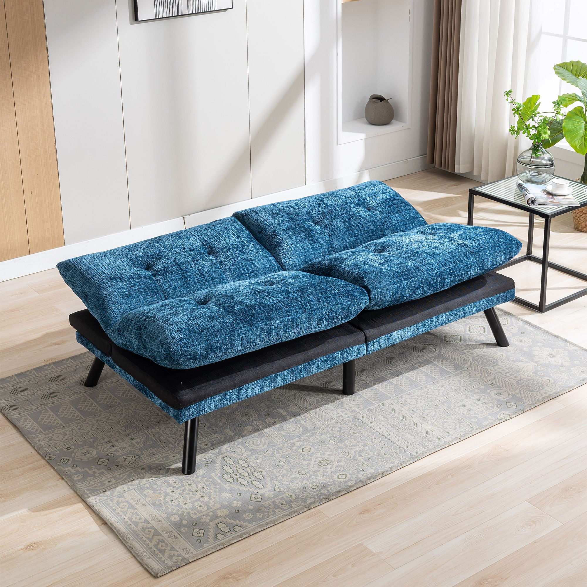 Convertible Sofa Bed Loveseat Futon Bed Breathable Adjustable Lounge Couch With Metal Legs, Futon Sets For Compact Living Space Chenille-Blue