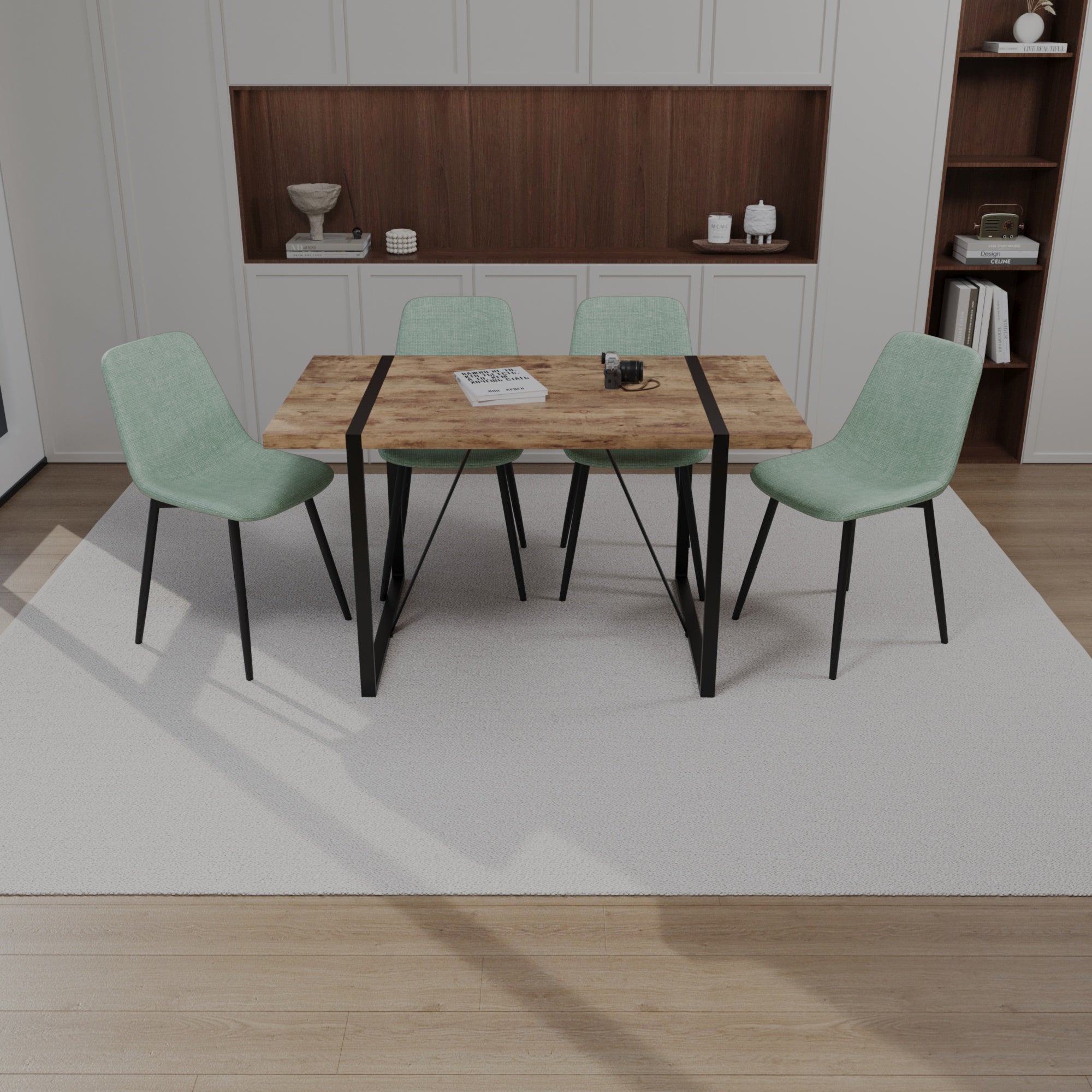 55" Dark Wood Dining Table & Chairs Set - 4 Pcs