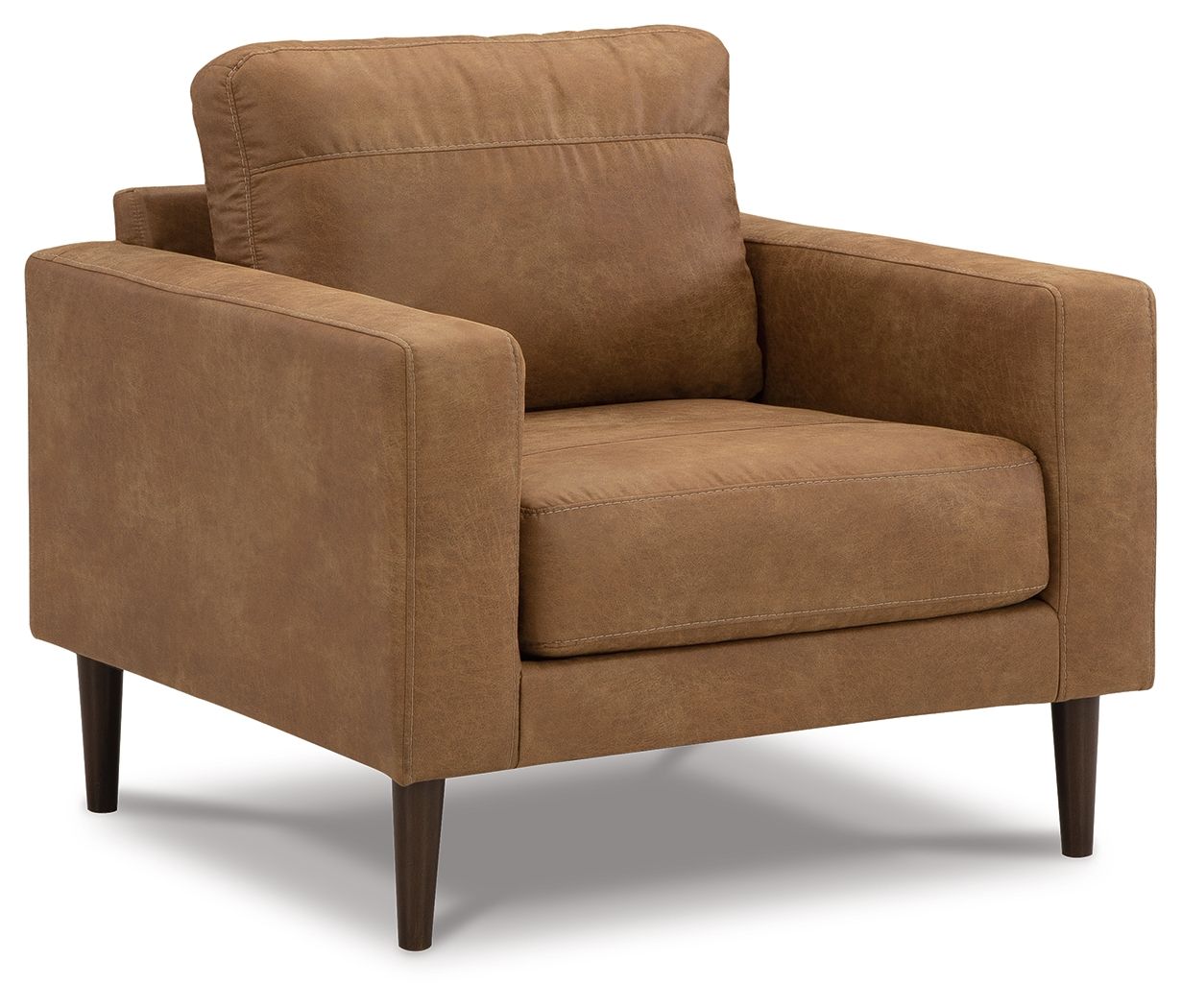 Light brown upholstered armchair with square seat and cushioned backrest