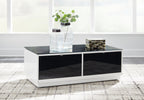 Rectangular cocktail table with white sides, two black drawers, and dark tabletop