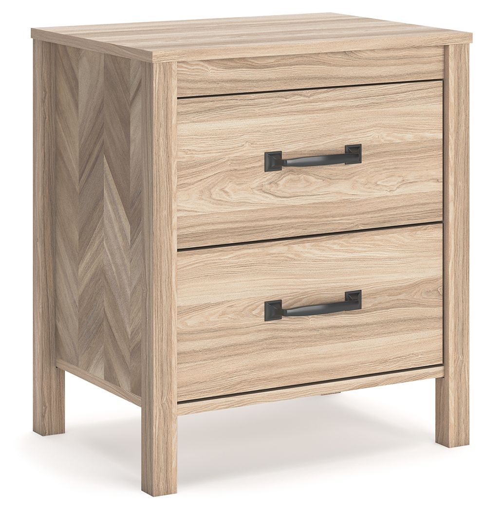 Two-drawer nightstand in light tan wood finish with black bar handles