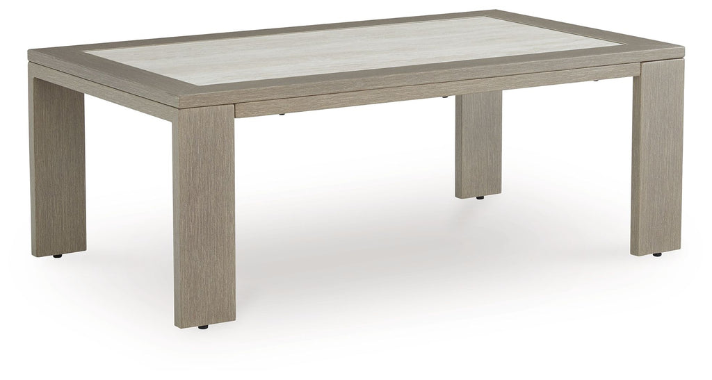 Beige rectangular table with inset light tabletop and sturdy square legs