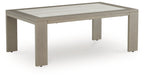 Beige rectangular table with inset light tabletop and sturdy square legs