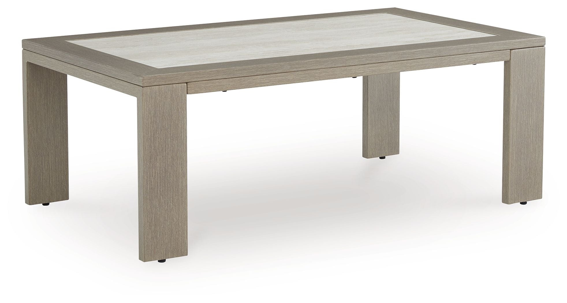 Beige rectangular table with inset light tabletop and sturdy square legs