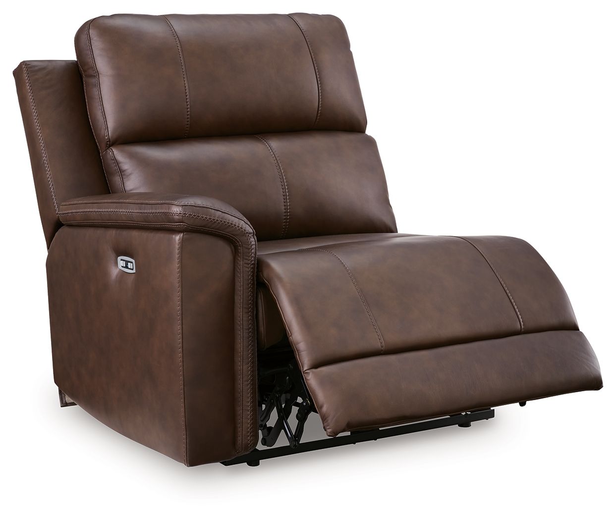 Espresso power recliner reclined with footrest extended and arm cover
