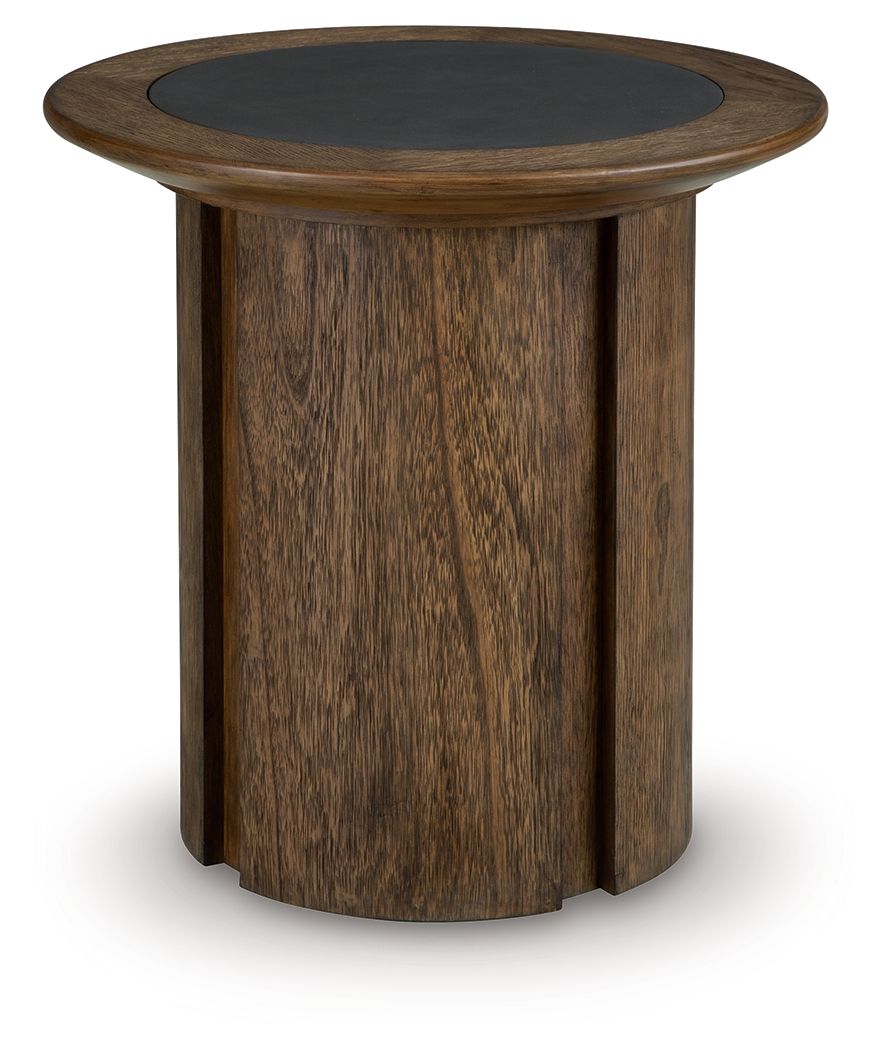 Dontayne round table with dark top and dark brown wood pedestal base.