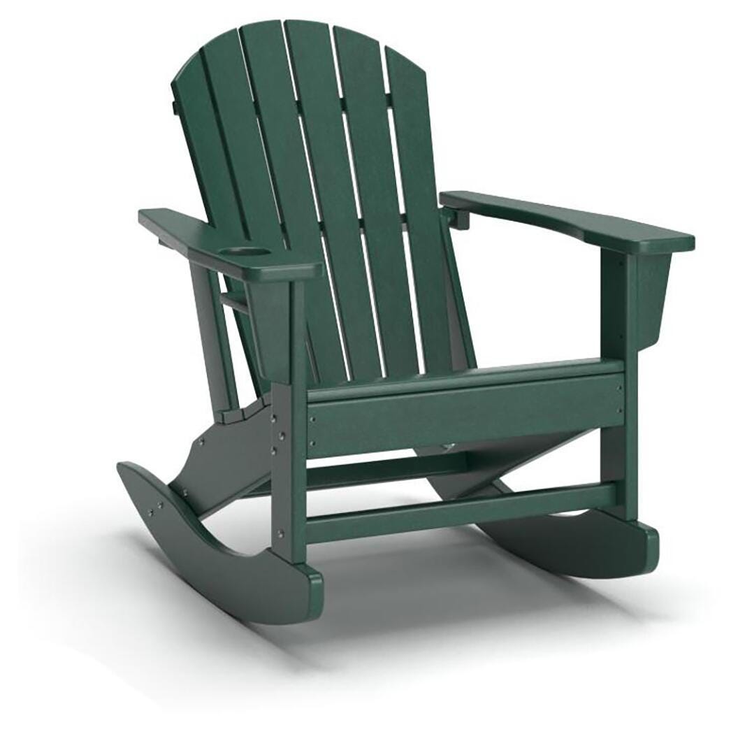 Green wooden rocking chair with slatted back and seat, curved rocker base