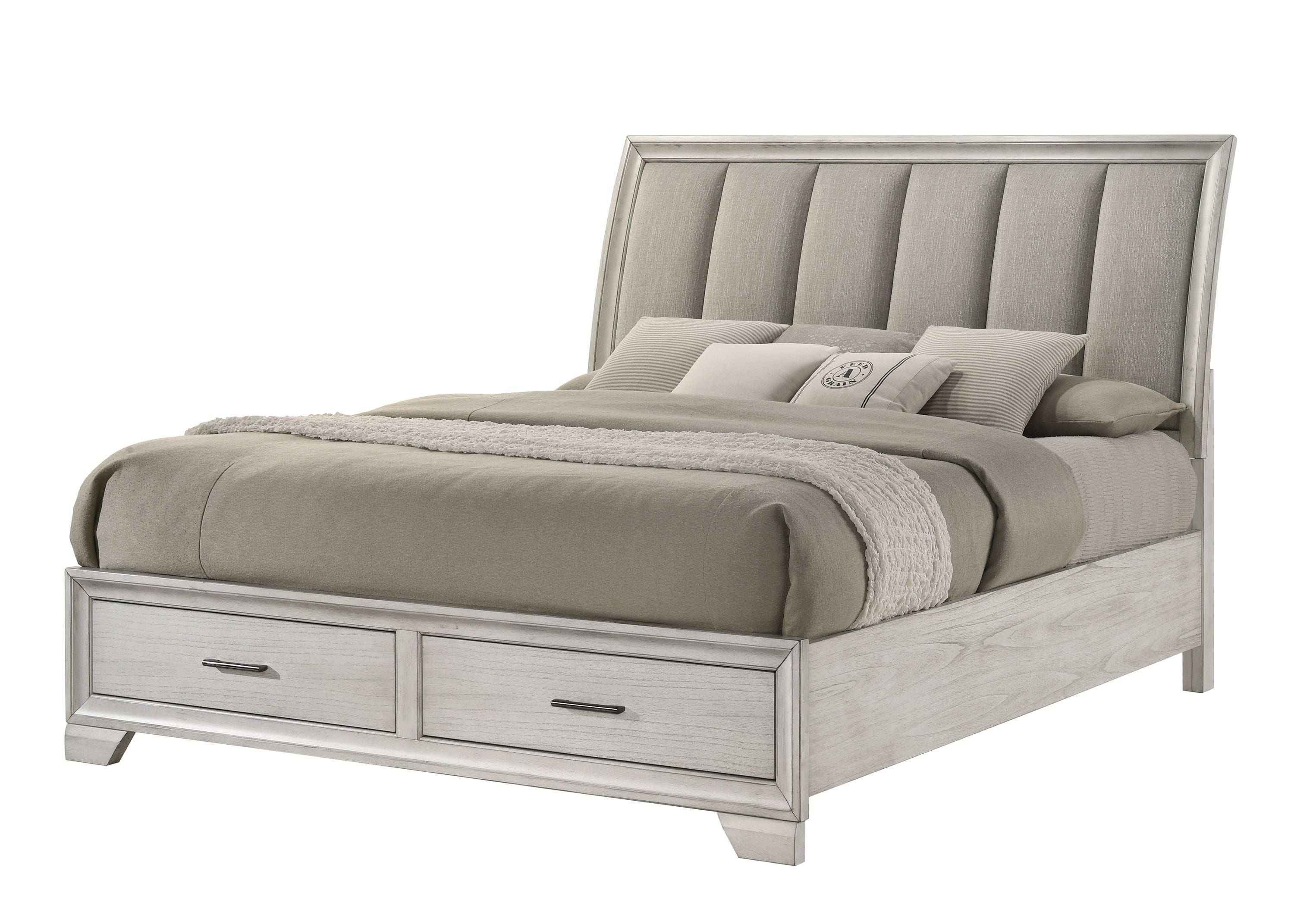 Queen Storage Platform Bed, Upholstered Headboard, Drawers White Mist