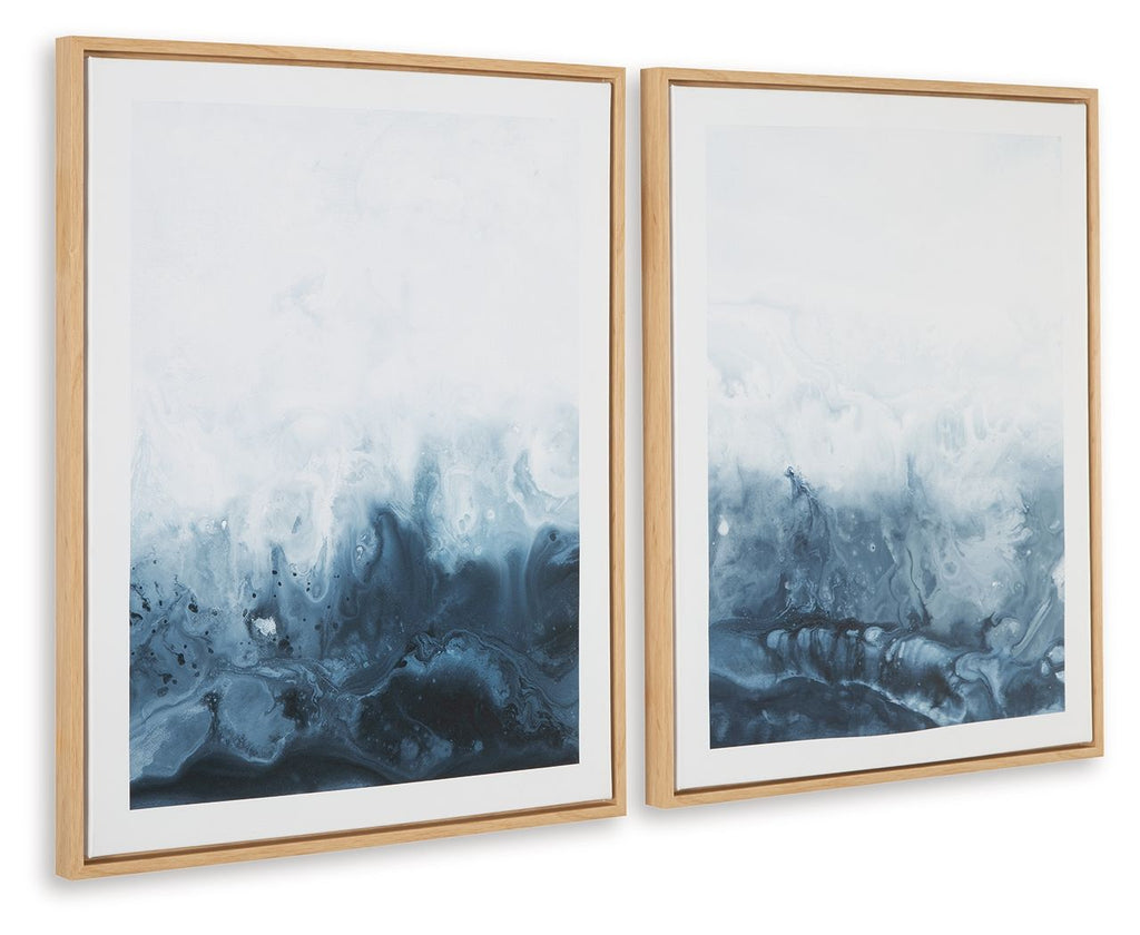 Set of 2 framed abstract blue-and-white wall prints with textured ocean-like pattern