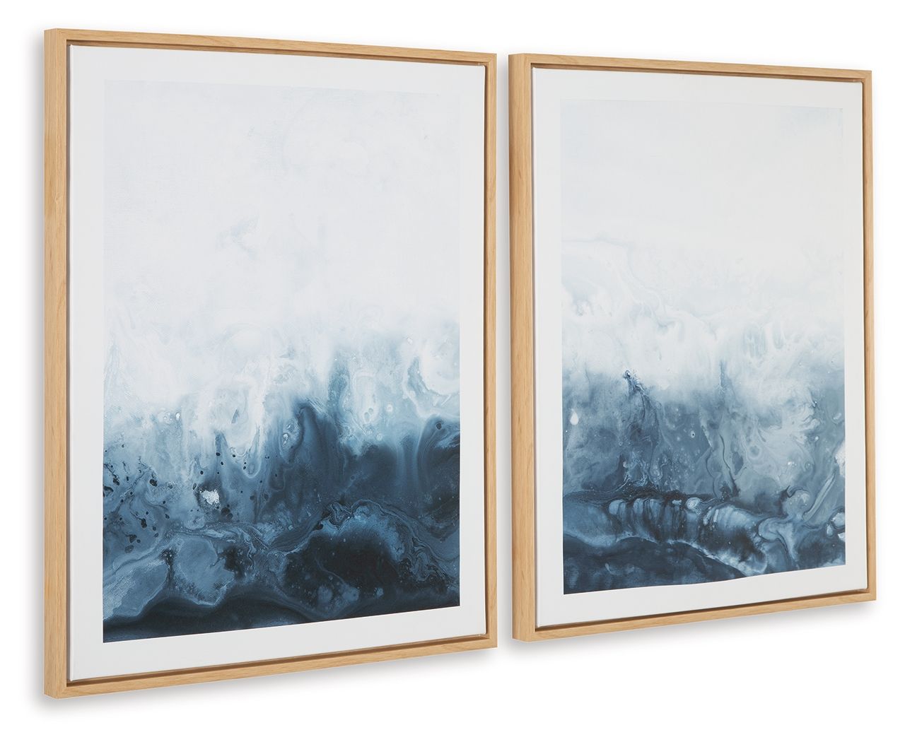 Set of 2 framed abstract blue-and-white wall prints with textured ocean-like pattern