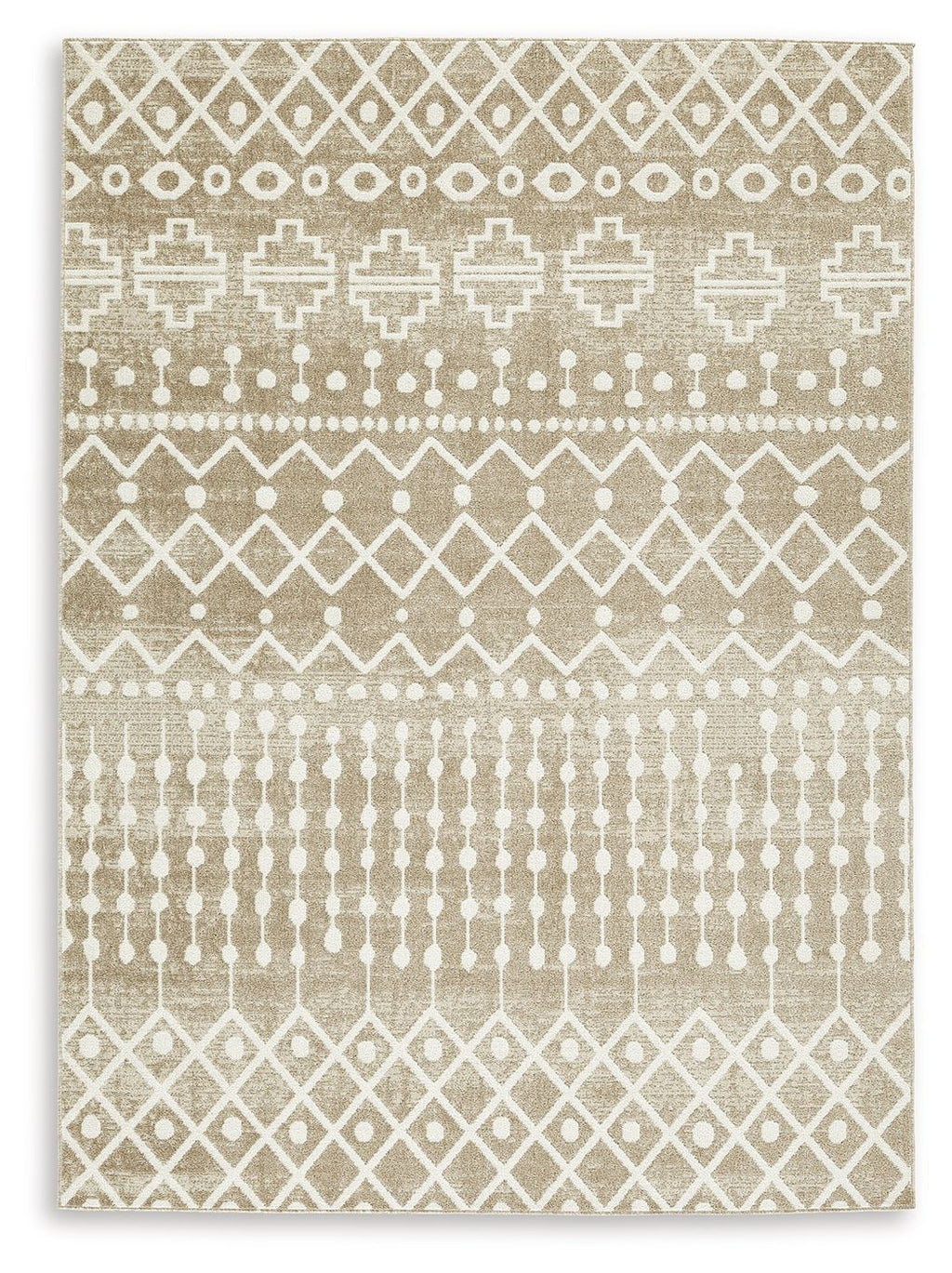 Tan and cream area rug with geometric diamond, cross and circle pattern, border edge