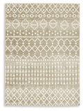 Tan and cream area rug with geometric diamond, cross and circle pattern, border edge