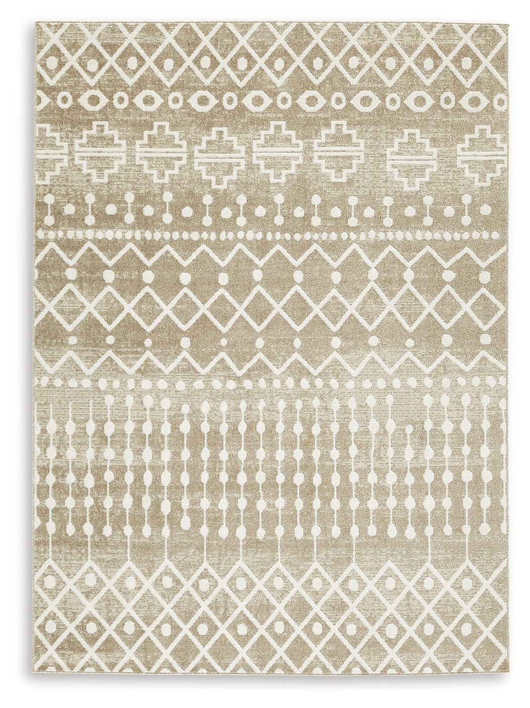 Tan and cream area rug with geometric diamond, cross and circle pattern, border edge