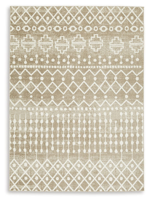 Bunchly rug, light brown with white stacked motifs and geometric border