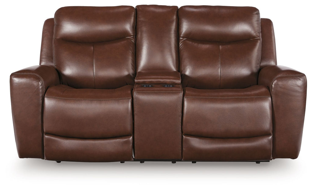Dark brown power reclining loveseat with adjustable headrests