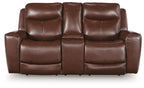 Dark brown power reclining loveseat with adjustable headrests