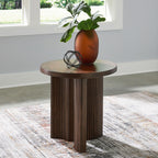 Round dark brown end table with vertical slatted legs and circular tabletop