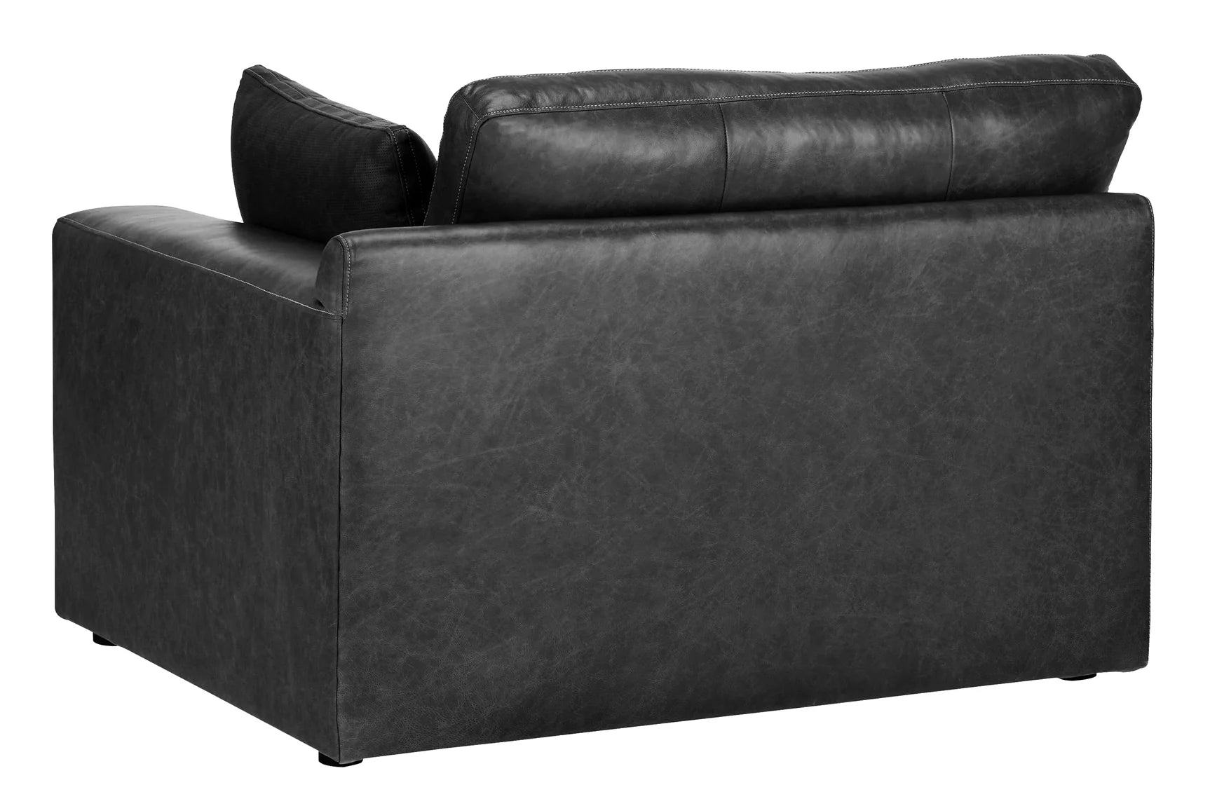 Black leather-look sectional loveseat with rounded arms and boxy seat cushions