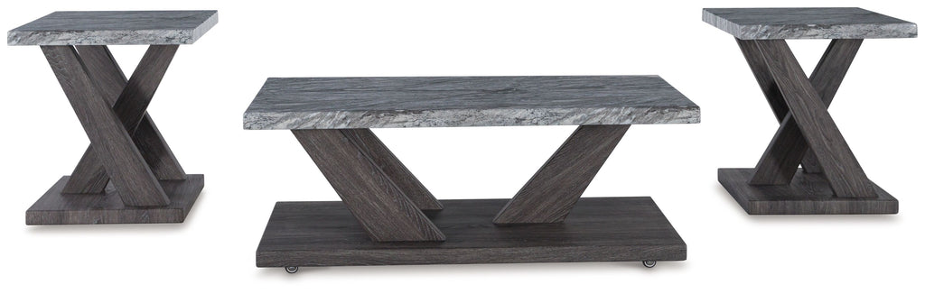 Occasional table set of 3 with weathered gray tabletops and dark gray cross legs