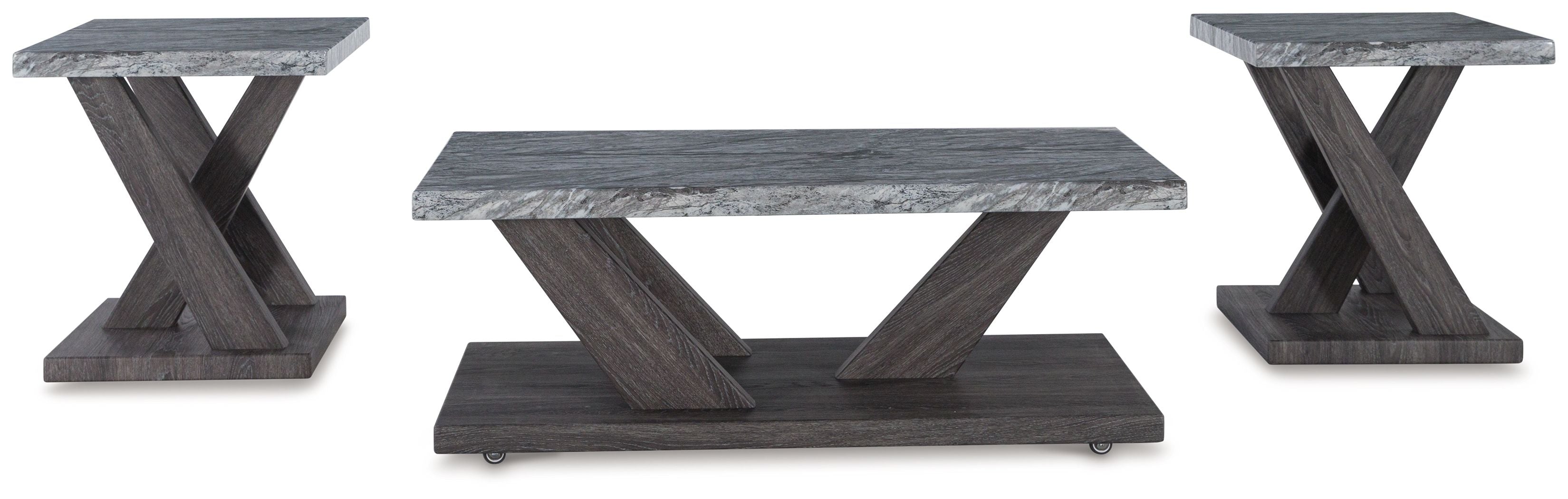 Occasional table set of 3 with weathered gray tabletops and dark gray cross legs