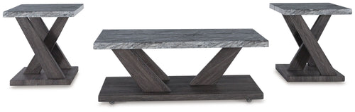 Occasional table set of 3 with weathered gray tabletops and dark gray cross legs