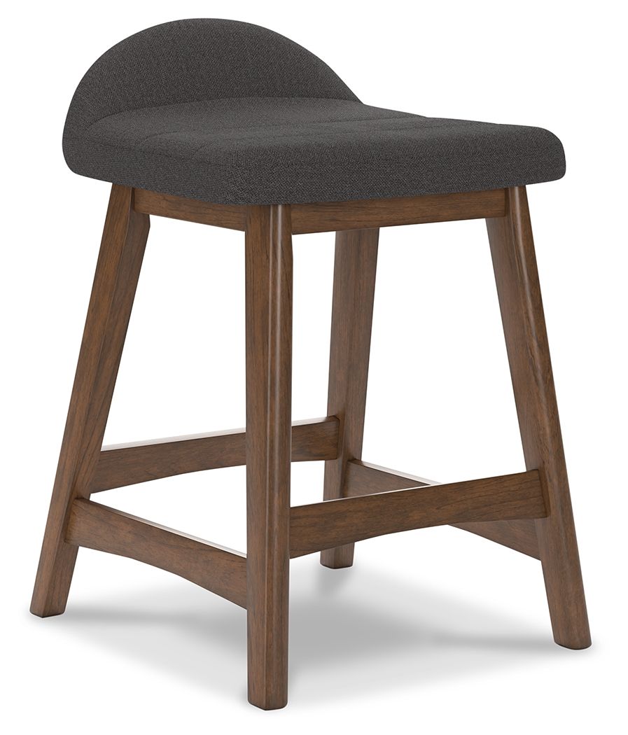 Upholstered barstool with dark gray fabric seat and curved back, dark wood legs.