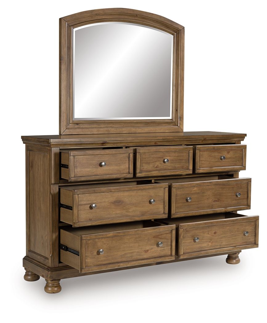 Medium brown dresser with arched mirror; drawers partially open